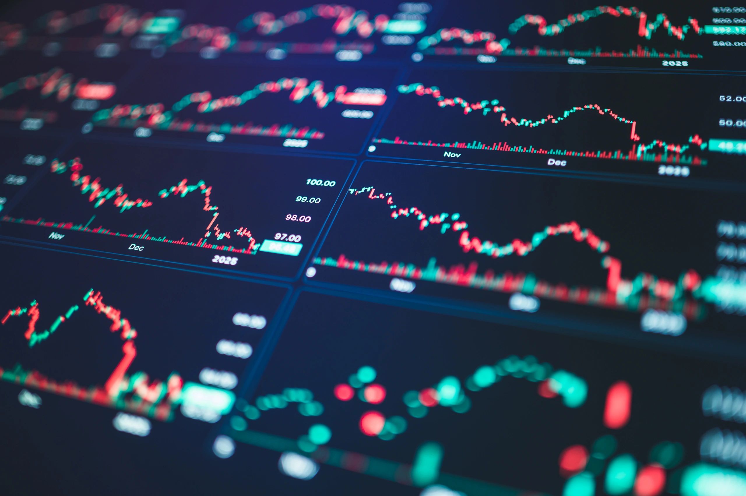 Glowing data charts and signals representing AI hype, markets, and analytics