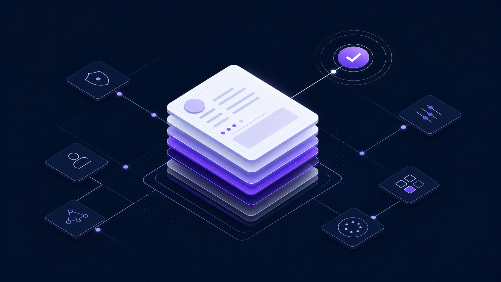 Abstract editorial illustration of a structured AI governance decision record connected to a traceability grid