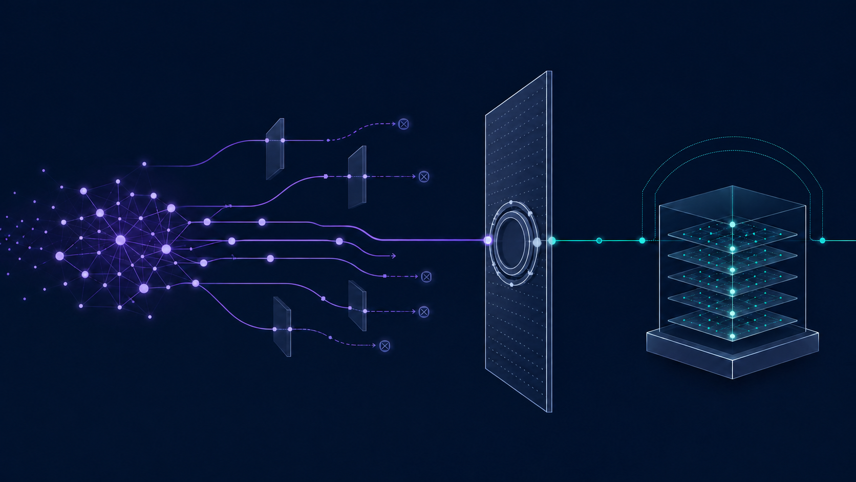 Abstract AI agent network meets an independent approval boundary while protected evidence signals remain outside its control.