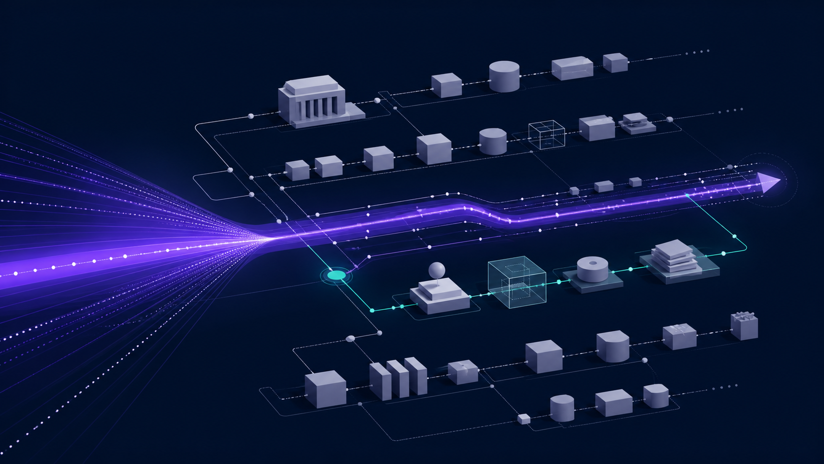 Fast violet AI capability paths pass slower institutional structures while one governed human-directed route keeps pace.