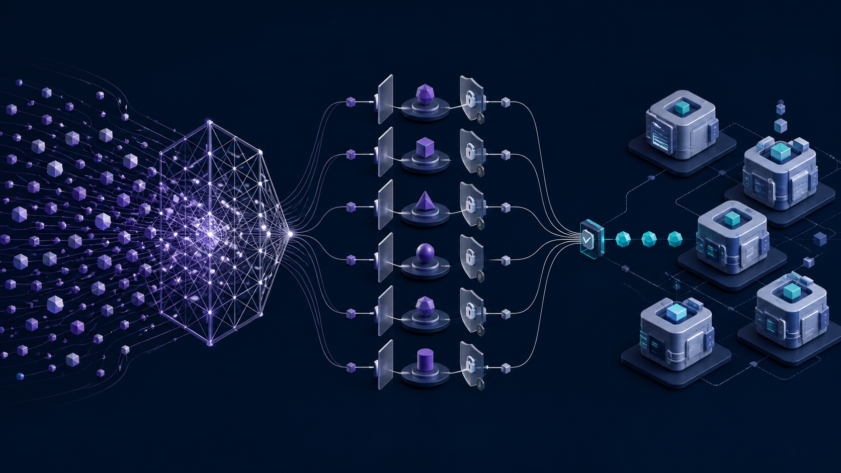 Abstract AI vulnerability stream passing through six independent review gates before verified patches reach open-source software modules.