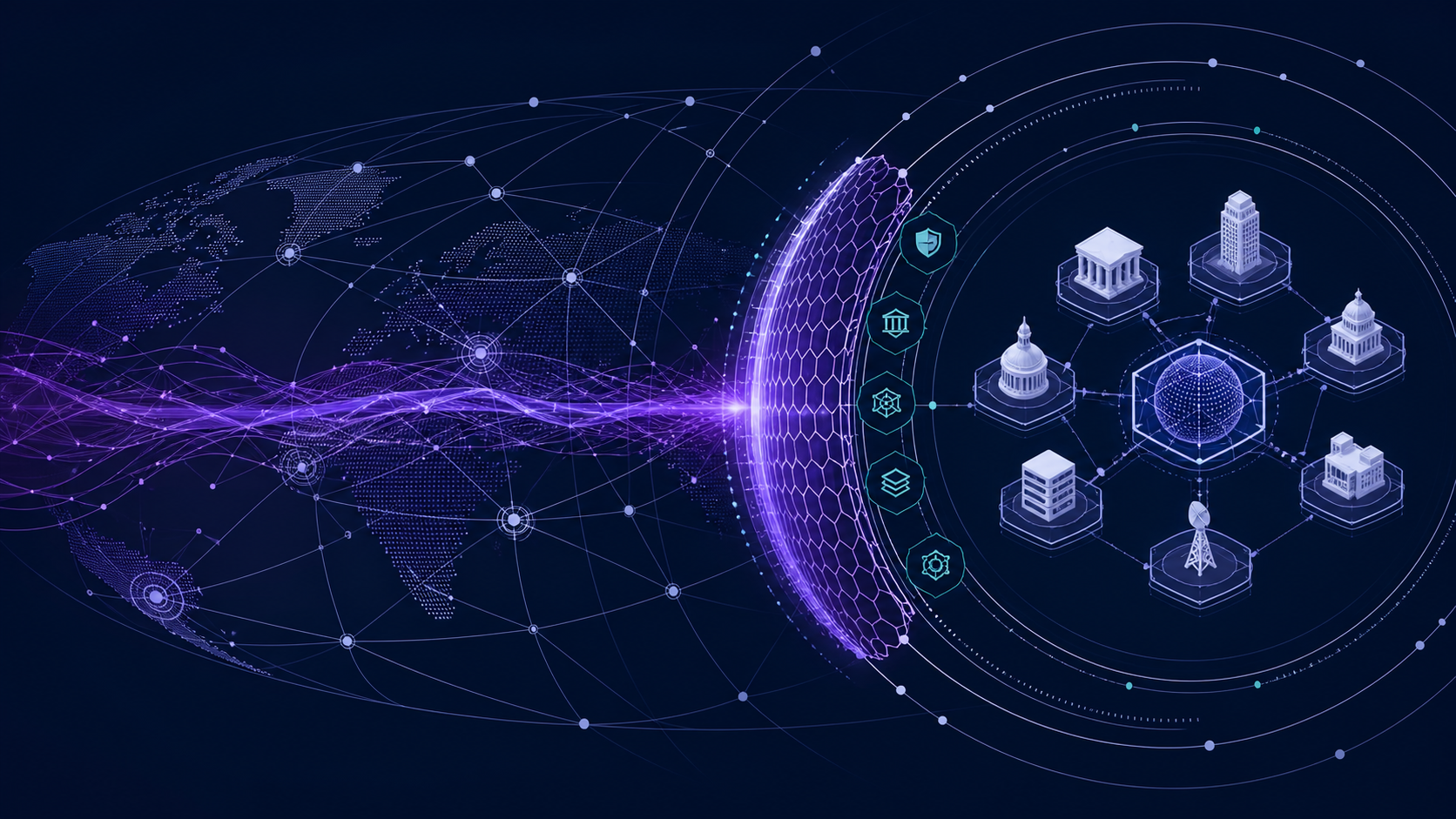 Abstract global financial network protected by layered cyber-resilience controls as an AI signal approaches.