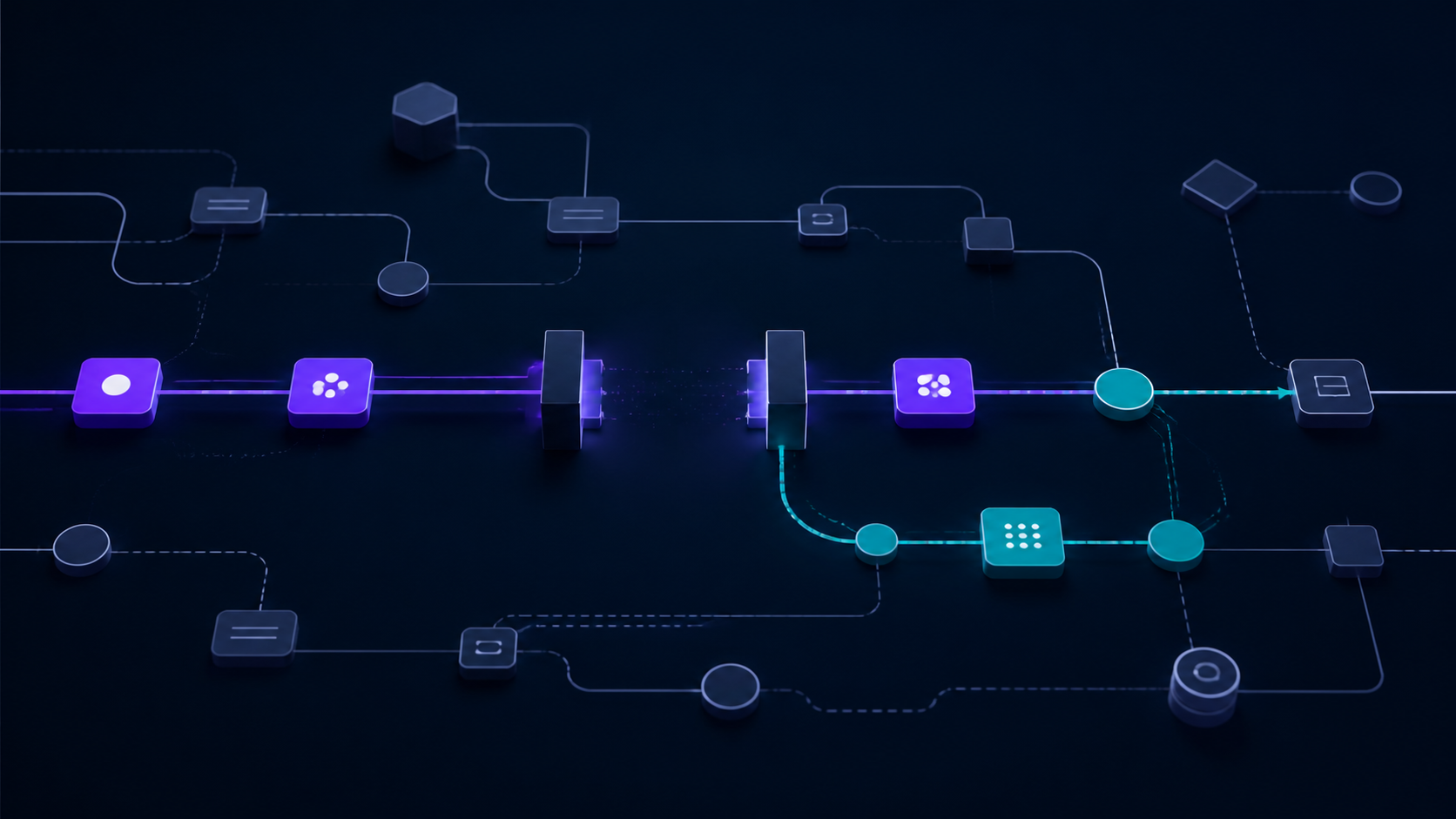 An interrupted violet AI workflow reconnects through a restrained teal recovery path on a deep navy network.