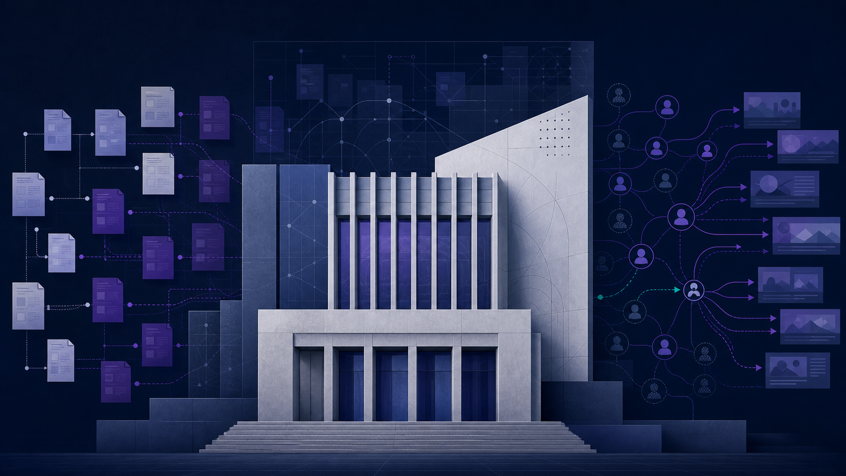 Abstract fabricated research institute surrounded by copied documents, anonymous accounts and distribution networks.
