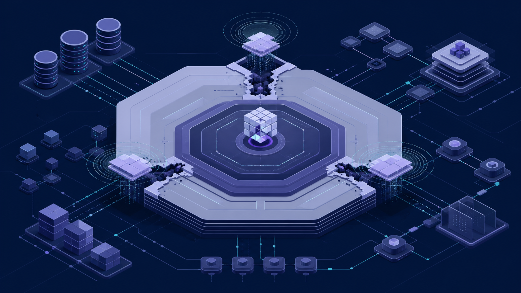 Abstract enterprise AI platform connected to databases and workflow systems, with three security fractures being sealed by structured patch layers.