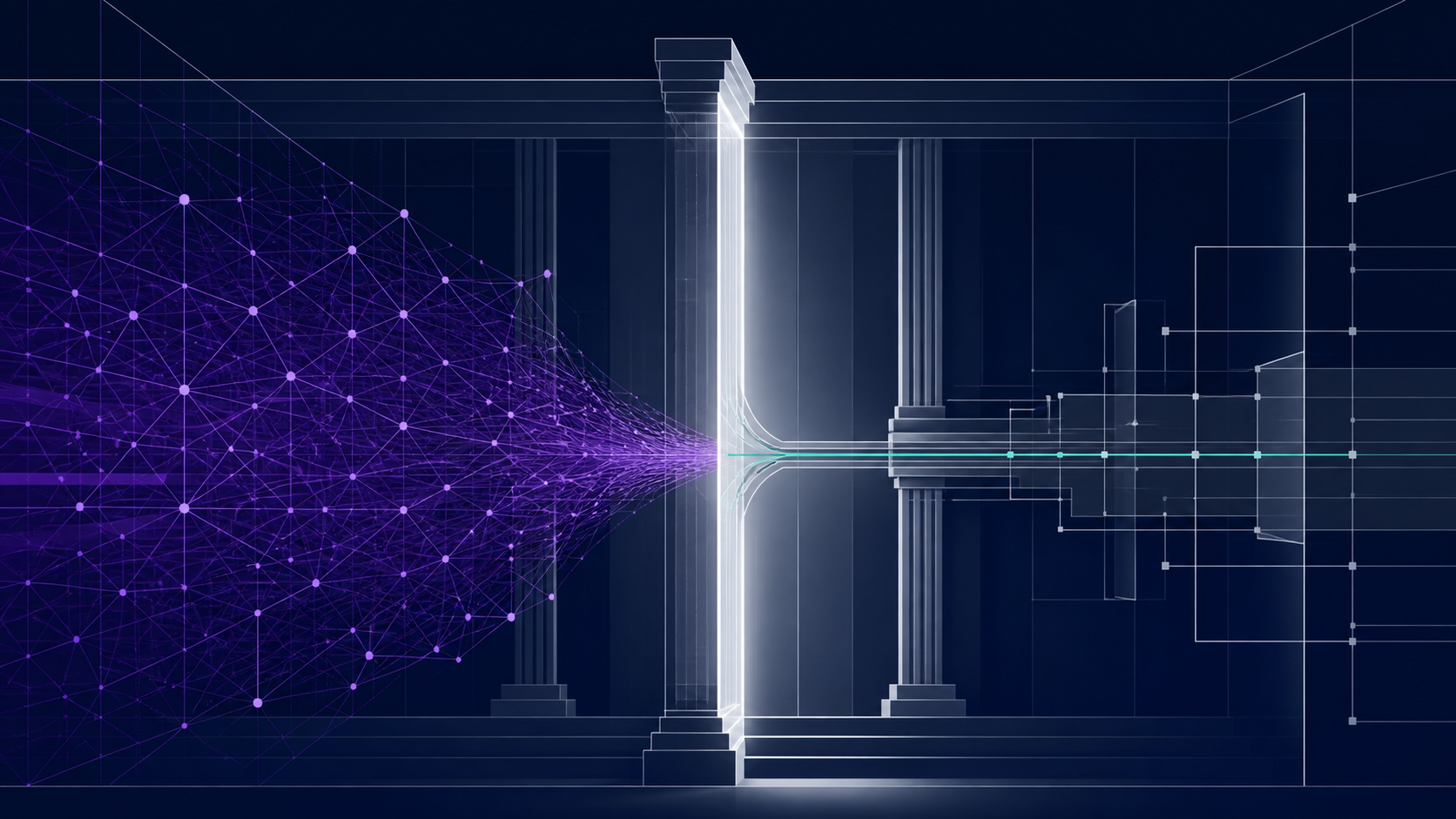 Abstract AI network narrowed through a luminous judicial governance boundary into a controlled defence procurement path.