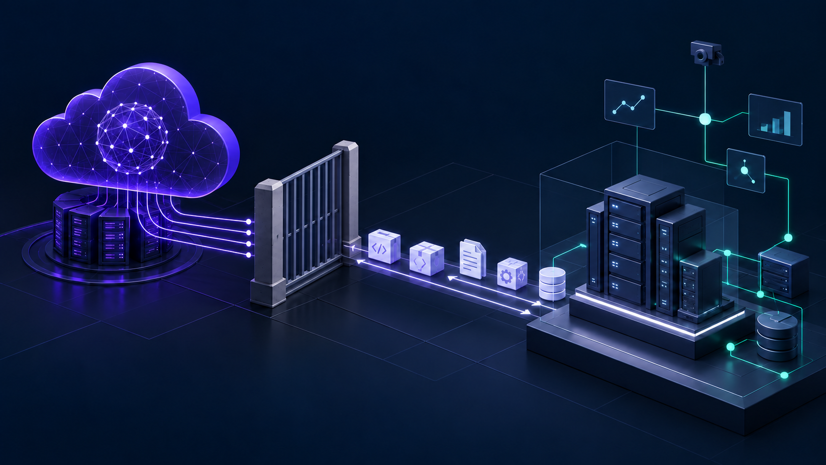 A closed cloud AI access gate separates a model service from exported software already running on local infrastructure, where a teal data network remains active.