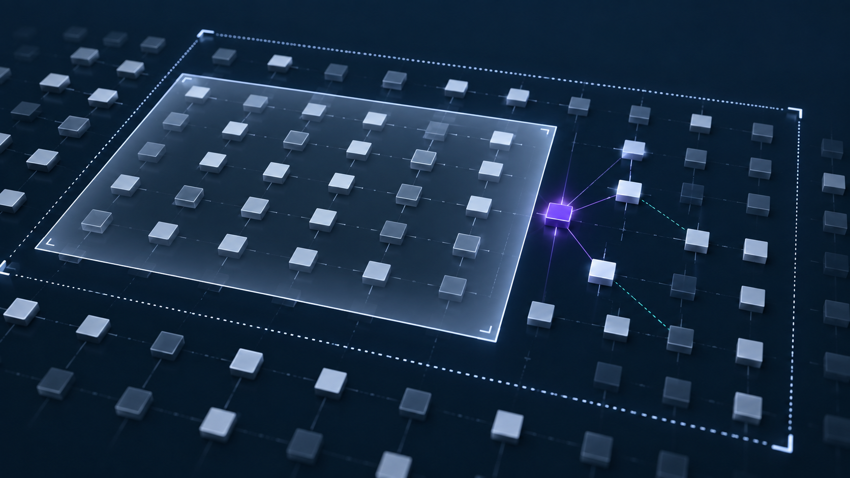 An abstract incident-review grid with one missed violet signal outside the first scan boundary and a wider second inspection layer recovering it.
