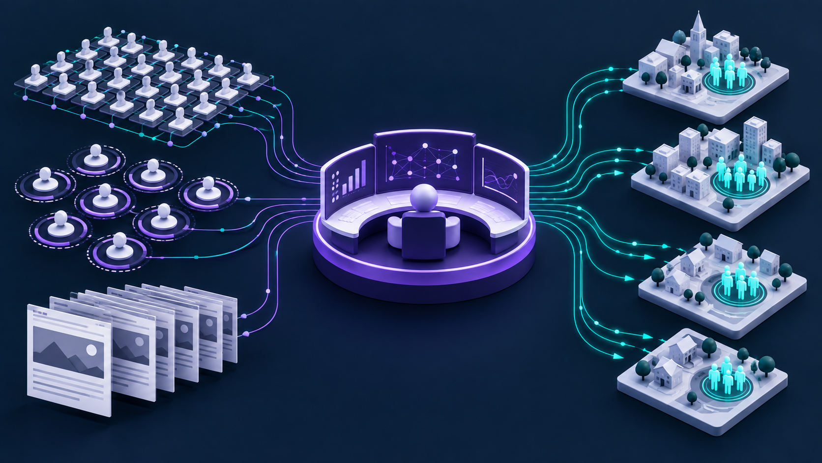 A violet control console links voter-data nodes, synthetic account clusters, fabricated news cards and artificial engagement flows across abstract constituency grids.