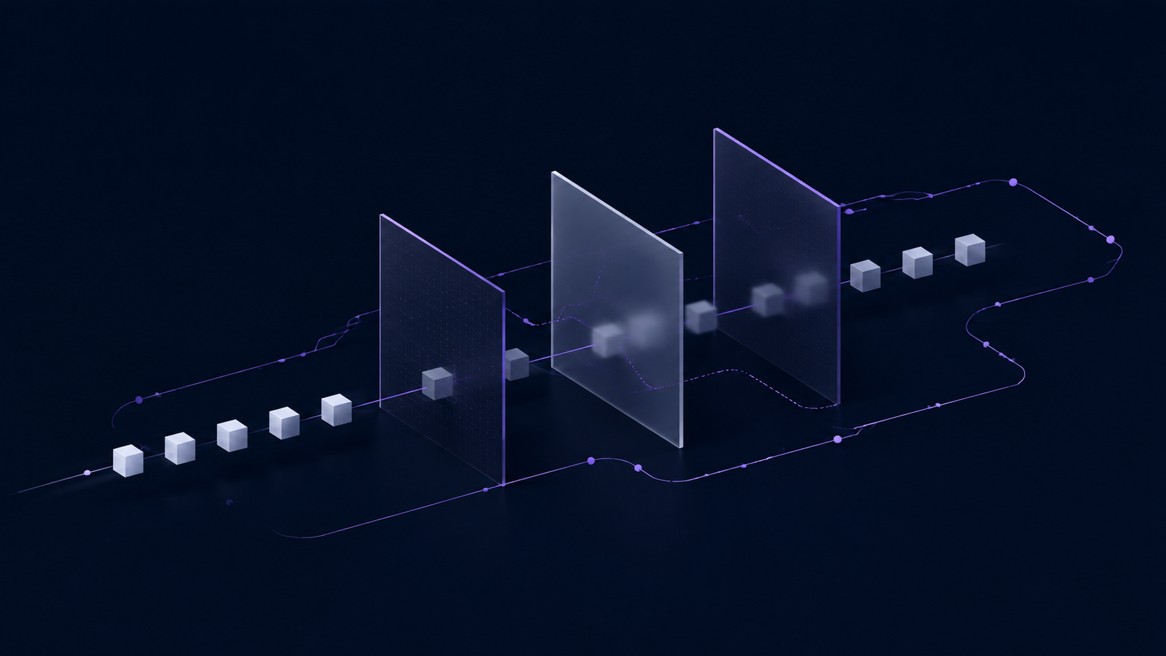 Pale geometric blocks pass through translucent observation panels, with a separate violet trace surrounding the partly obscured route.