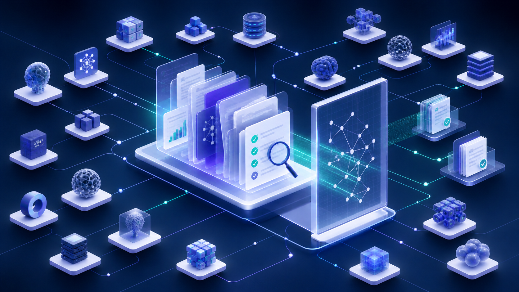 Abstract network of AI systems connected to layered evidence files passing through a transparent regulatory review panel.