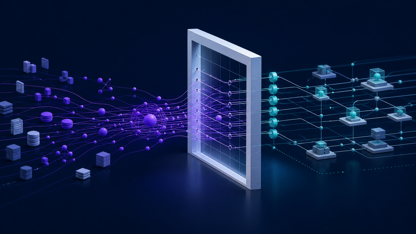 A violet AI search network passes through a pale regulatory threshold into structured teal oversight checkpoints on a deep navy field.