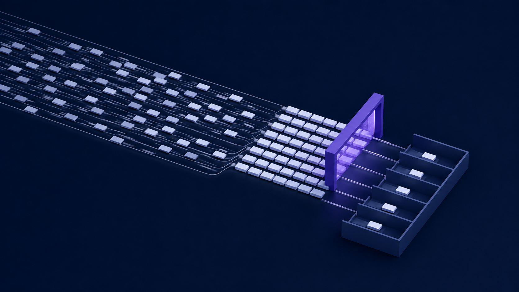 Rows of pale tiles queue at a violet inspection gate before entering separate compartments, illustrating the review and remediation capacity needed around AI security tools.