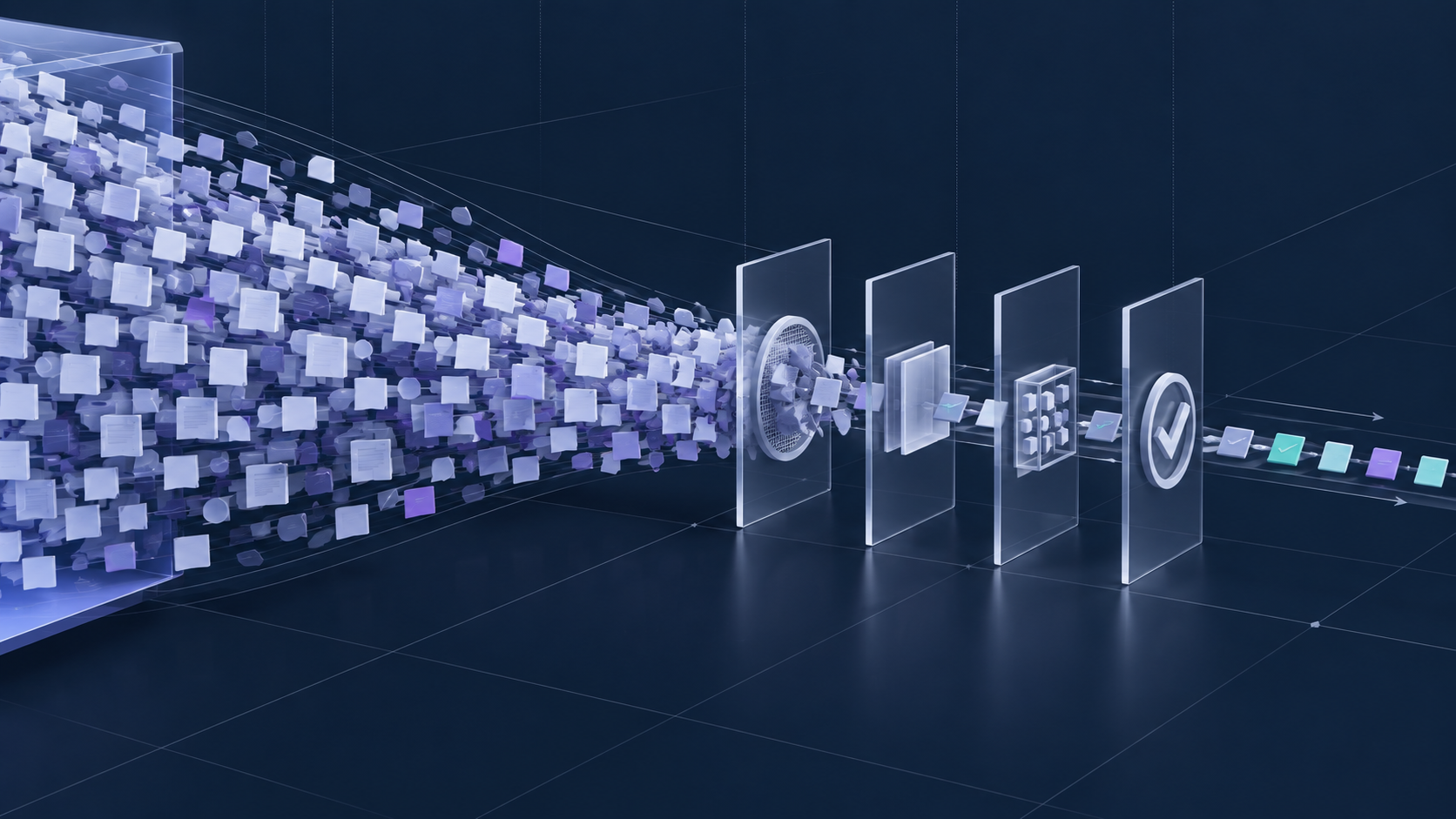 A broad stream of AI-generated artefacts narrows through layered gates for provenance, testing and accountable review.
