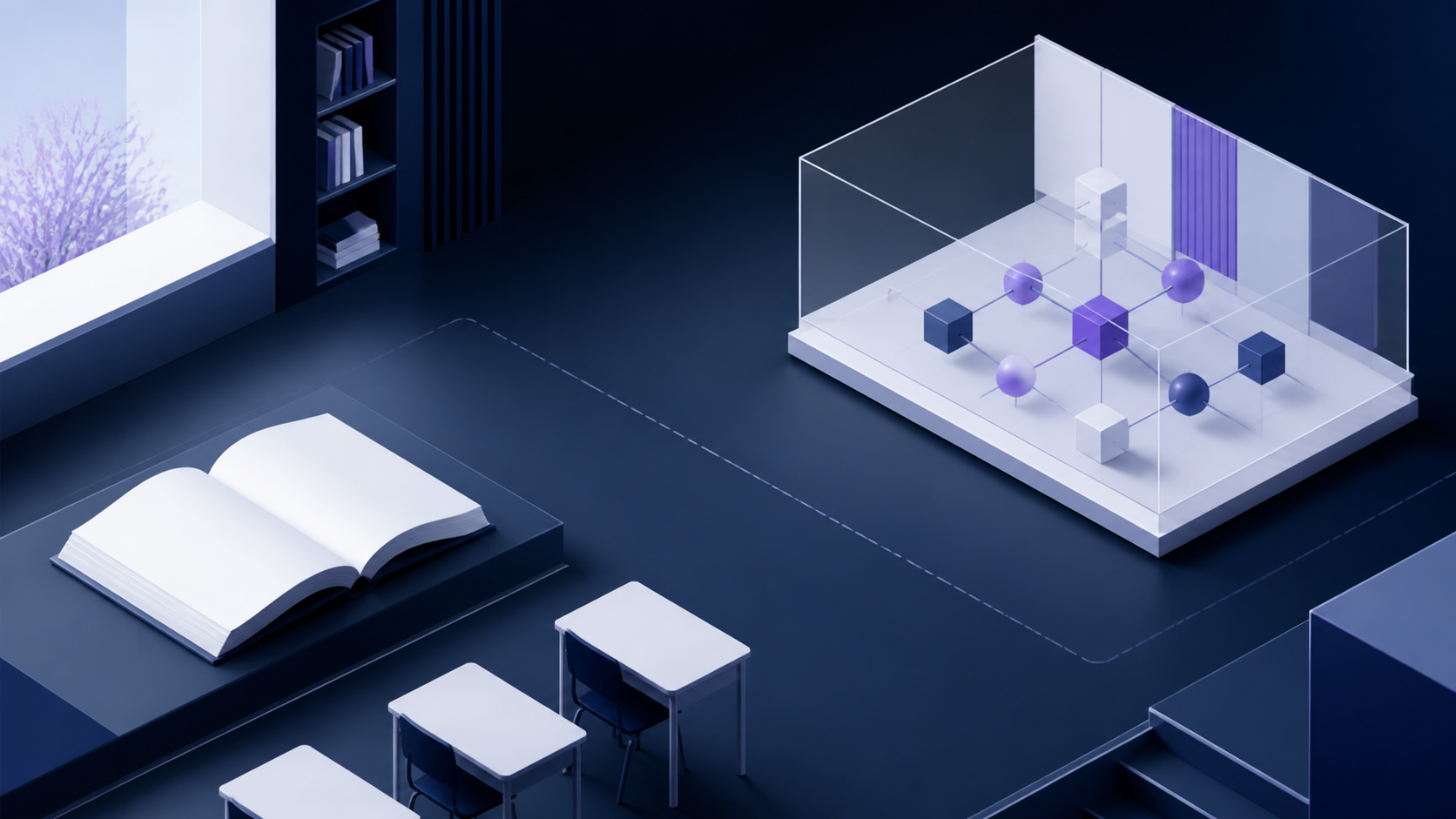 An open book and classroom desks separated from an enclosed geometric AI network, illustrating boundaries around student access to AI.