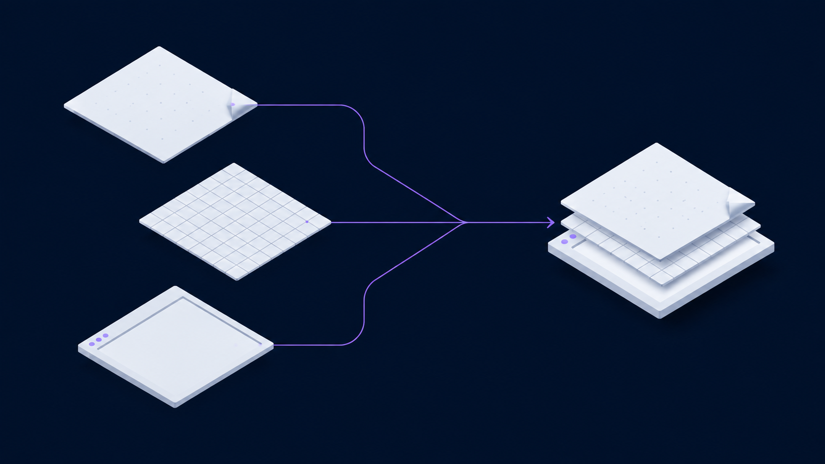 Pale geometric document, spreadsheet and browser surfaces linked by violet lines into a completed stack on a deep navy background, illustrating connected AI-assisted work.