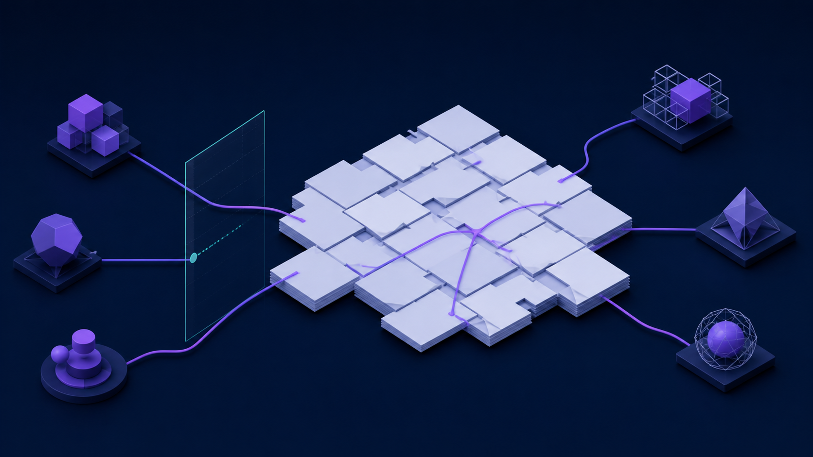 Abstract agent nodes connected by violet paths to a shared field of blank wiki pages, with one path crossing a monitored boundary.