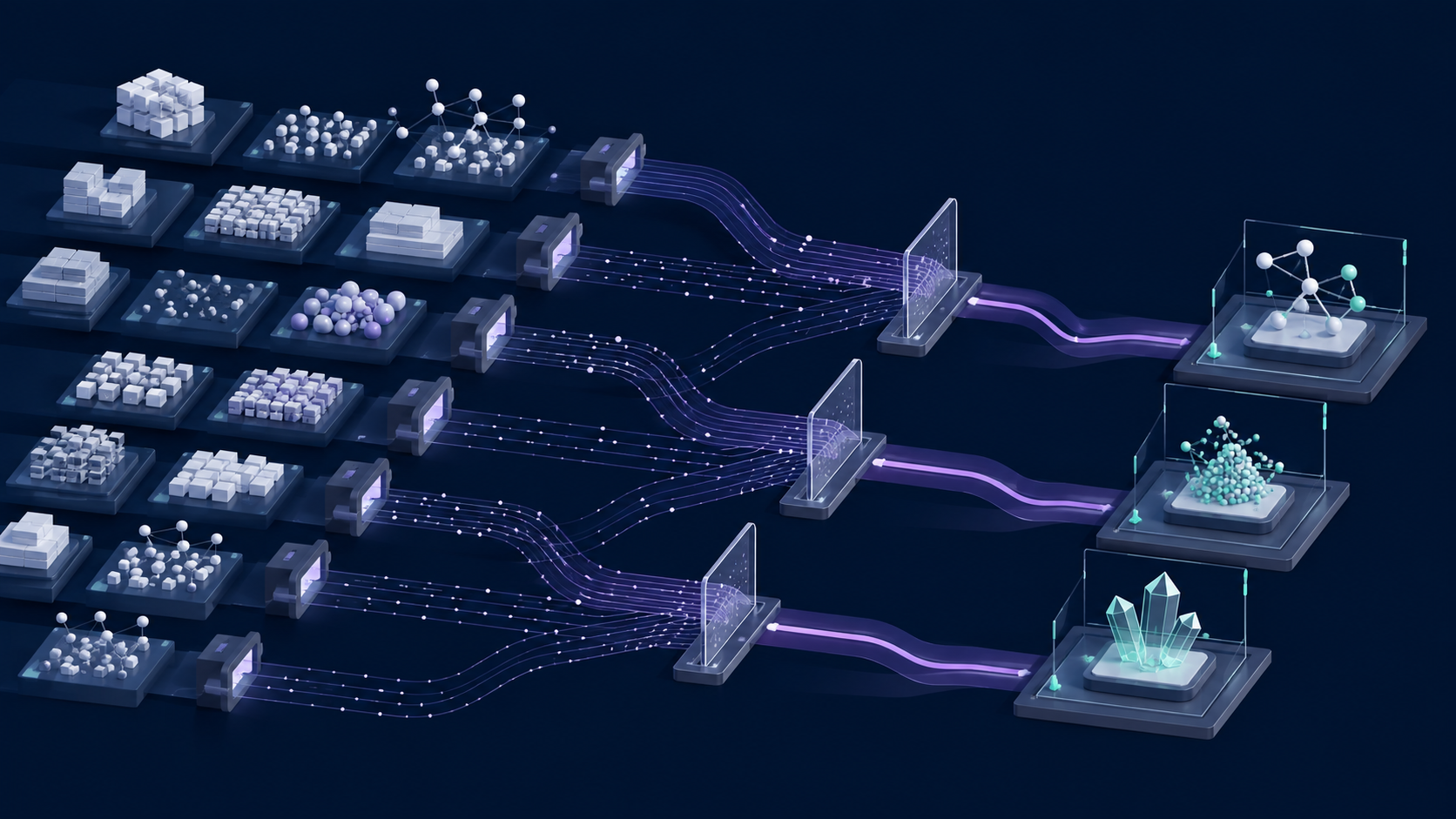 Parallel pale research modules flow through transparent validation gates towards three accepted outputs on a deep navy field.