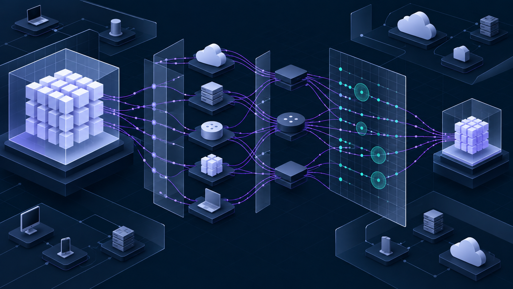 Abstract model-extraction routes pass through several cloud and API layers towards a smaller reconstructed model while a detection plane correlates the traffic.